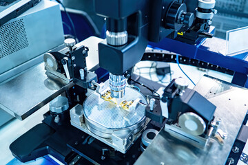 Poster - Microprocessor testing. Transistor microcircuits under microscope. Microboard testing equipment. Automated production of microcircuits. PCB manufacturing. Production of microelectronics.
