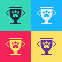 Sticker - Pop art Pet award symbol icon isolated on color background. Medal with dog footprint as pets exhibition winner concept. Vector