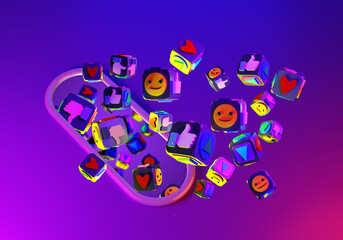 Poster - Emoji and thumbs up. Background with flying emoticons. Social media emoji on purple. Icons symbolizing smm in weightlessness. Emoji background. I like button texture. 3d rendering.