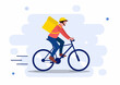 Courier on bicycle with trunk case box. Liquid abstraction background. Design element for banner, poster, advertising, promo. Food delivery app concept cartoon vector illustration. Flat