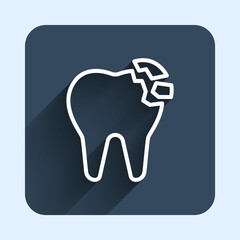 Wall Mural - White line Broken tooth icon isolated with long shadow background. Dental problem icon. Dental care symbol. Blue square button. Vector