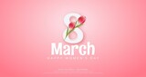 Fototapeta Tulipany - 8 march women's day banner with tulip flower on pink background