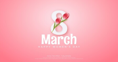  8 march women's day banner with tulip flower on pink background