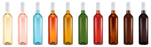 A Set Of Wine Bottles In Different Colors Without A Label With A Screw Cap. Isolated On A White Background, Suitable For Mockups.