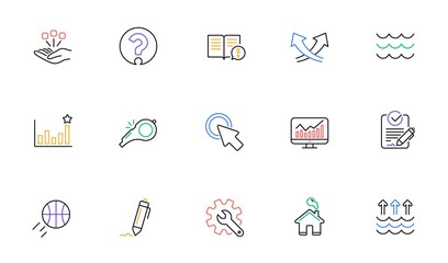 Poster - Waves, Whistle and Global warming line icons. Signature, Analytics and Question mark. Linear icon set. Bicolor outline web elements. Vector