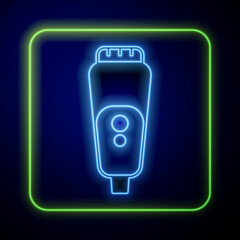 Poster - Glowing neon Electric razor blade for men icon isolated on blue background. Electric shaver. Vector