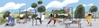 Street workout park with people training, exercising. Outdoor sports area with equipment, facilities for working out, stretching, cardio and strength physical activity. Flat vector illustration