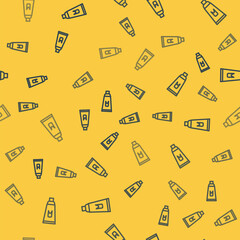 Sticker - Blue line Tube of toothpaste icon isolated seamless pattern on yellow background. Vector Illustration