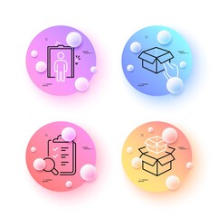 Poster - Packing boxes, Hold box and Elevator minimal line icons. 3d spheres or balls buttons. Inspect icons. For web, application, printing. Delivery box, Delivery parcel, Lift. Research list. Vector