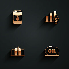 Wall Mural - Set Barrel oil, Pie chart and dollar, Oil tank storage and icon with long shadow. Vector