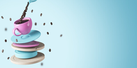 Aufkleber - Abstract blue background with coffee pouring into pink cup stack. Mock up place. Morning and addiction concept. 3D Rendering.