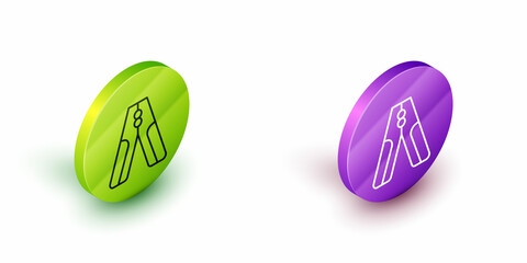 Sticker - Isometric line Car battery jumper power cable icon isolated on white background. Green and purple circle buttons. Vector