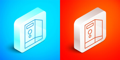 Poster - Isometric line Case of computer icon isolated on blue and red background. Computer server. Workstation. Silver square button. Vector