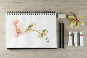 Canvas Print - Flat lay composition with beautiful drawing of orchid