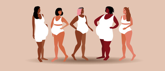 Pregnant women, different skin color and figure, Flat vector stock illustration. Appearance of pregnant people