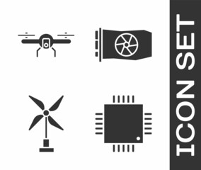 Sticker - Set Processor with microcircuits CPU, Drone flying, Wind turbine and Video graphic card icon. Vector