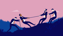 Fierce business competition - Businesspeople in rivalry playing tug of war and pulling rope. Competition concept, vector illustration