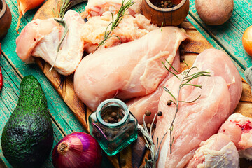 Sticker - Uncooked chicken meat on cutting board