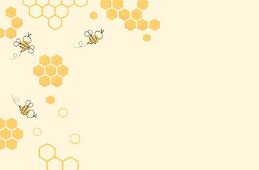 Honeycomb and cartoon bees on yellow background. flat design vector.