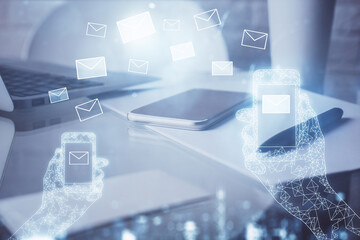 Aufkleber - Double exposure of envelope sketch over cell phone background. Concept of sms