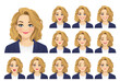 Elegant beautiful business avatar with different facial expressions in suit set isolated vector illustration