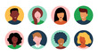 Men and Women faces. Set of user profiles. Colorful portraits of people of different races. Male and female avatars in a circle. Vector icons with smiling persons. Flat cartoon illustration. Isolated.