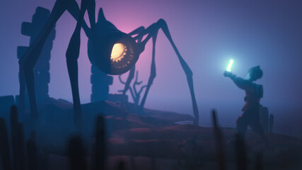 Sticker - Brave hero lights way with lantern, stands in front of huge spider with sting, glowing yellow mouth with sharp teeth stands its paws in swampy dead landscape. 3d render of mystical place with blue fog