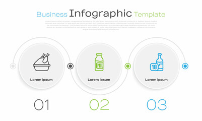 Sticker - Set line Roasted turkey or chicken, Bottle with milk and Wine bottle. Business infographic template. Vector