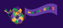 Mardi Gras Traditional King Cake In Cartoon Style. Cute Happy Cake Wearing Yellow, Green, Purple Necklaces, Mask With Waving Flag At Dark Background. Copy Space. Vector Design For Banner, Flyer, Card