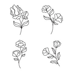 A set of illustrations with flowers and plants. Branches with leaves. Logo of cosmetics. Decorative elements isolated on a white background.