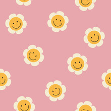 70s Seamless Vector Pattern With Vintage Daisy Or Camomile Groovy Flowers. Psychedelic Floral Background With Smiling Faces. Fun Hippy Texture For Surface Design, Wallpaper, Wrapping Paper, Textile