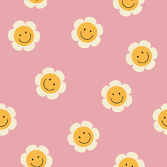 Wall Mural - 70s seamless vector pattern with vintage daisy or camomile groovy flowers. Psychedelic floral background with smiling faces. Fun hippy texture for surface design, wallpaper, wrapping paper, textile