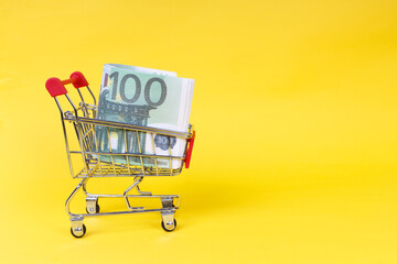 Sticker - grocery cart from a supermarket with one hundred euro banknotes on a yellow background