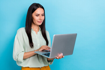 Sticker - Profile side photo of young lady use laptop type project manager economist isolated over blue color background