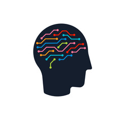 Poster - Brain health and smart education logo concept flat head icon. Face profile vector logotype for pharmacy, education, medicine logo. Vector illustration