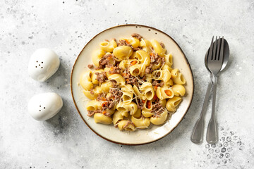 Wall Mural - Pasta Pipe Rigate with stew In Bianco in a plate on a gray  culinary background. Traditional Italian pasta with ground beef on the kitchen table. Top view