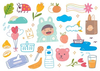 Wall Mural - Set of Hand Drawn Kawaii and Girly Object Doodle Vector Element 