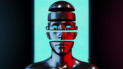 Creative retro futuristic motion art. Abstract chrome metal human body with hologram shape on black background. Modern bright fashion 3d animation. Technological digital vivid concept man or woman.