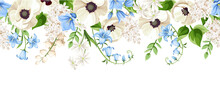 Horizontal Seamless Border With Hanging Flowers (white Poppy And Lily Of The Valley Flowers And Blue Harebell Flowers). Vector Illustration