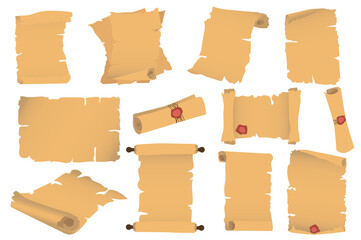Poster - Papyrus and parchment different shapes set isolated elements. Bundle of antique paper, ripped pages and old scroll sheets with ribbon and red wax seal. Vector illustration in flat cartoon design.