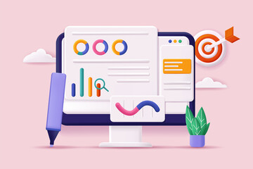Poster - Data analysis concept 3D illustration. Icon composition with statistics on charts and diagrams at site interface. Business strategy development and targeting. Vector illustration for modern web design