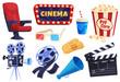 Collection cartoon elements of film industry vector flat illustration. Movie and cinema attributes