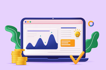 Poster - Online business concept 3D illustration. Icon composition with site interface with graphs of e-business statistics. Date analysis and promotion strategy. Vector illustration for modern web design