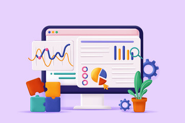 Seo analysis concept 3D illustration. Icon composition with site interface with data and statistics. Search engine optimization, website promotion strategy. Vector illustration for modern web design