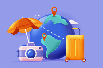 Travel and go on vacation concept 3D illustration. Icon composition with pins of trip route at globe, baggage, umbrella and photo camera. Global tourism. Vector illustration for modern web design