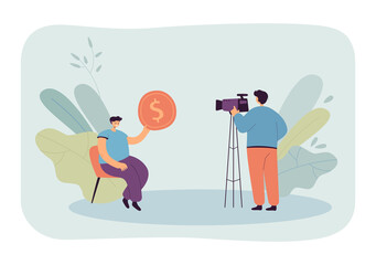 Poster - Man giving coin to videographer flat vector illustration. Director recording man on camera. Client paying to producer to shoot video. Income concept for banner, website design or landing web page