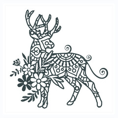 Deer Mandala with Flower. Vector, Line Art