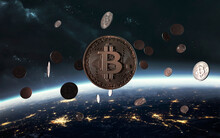 3D Illustration Of Cryptocurrencies Around The World. Digital Money, Blockchain Global Payments And Technologies Of Future. Elements Of Image Provided By Nasa
