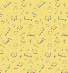 Wall Mural - seamless pattern with books, lamps, pens and cups, vector illustration