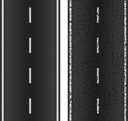 Two options for the texture of the road, new and old cracked. With markings of white solid stripes on the left and right, and one intermittent white stripe in the middle.